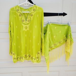 Anya Hindmarch green cotton Indian Beaded Long Sleeve & Sarong swim coverup M/L